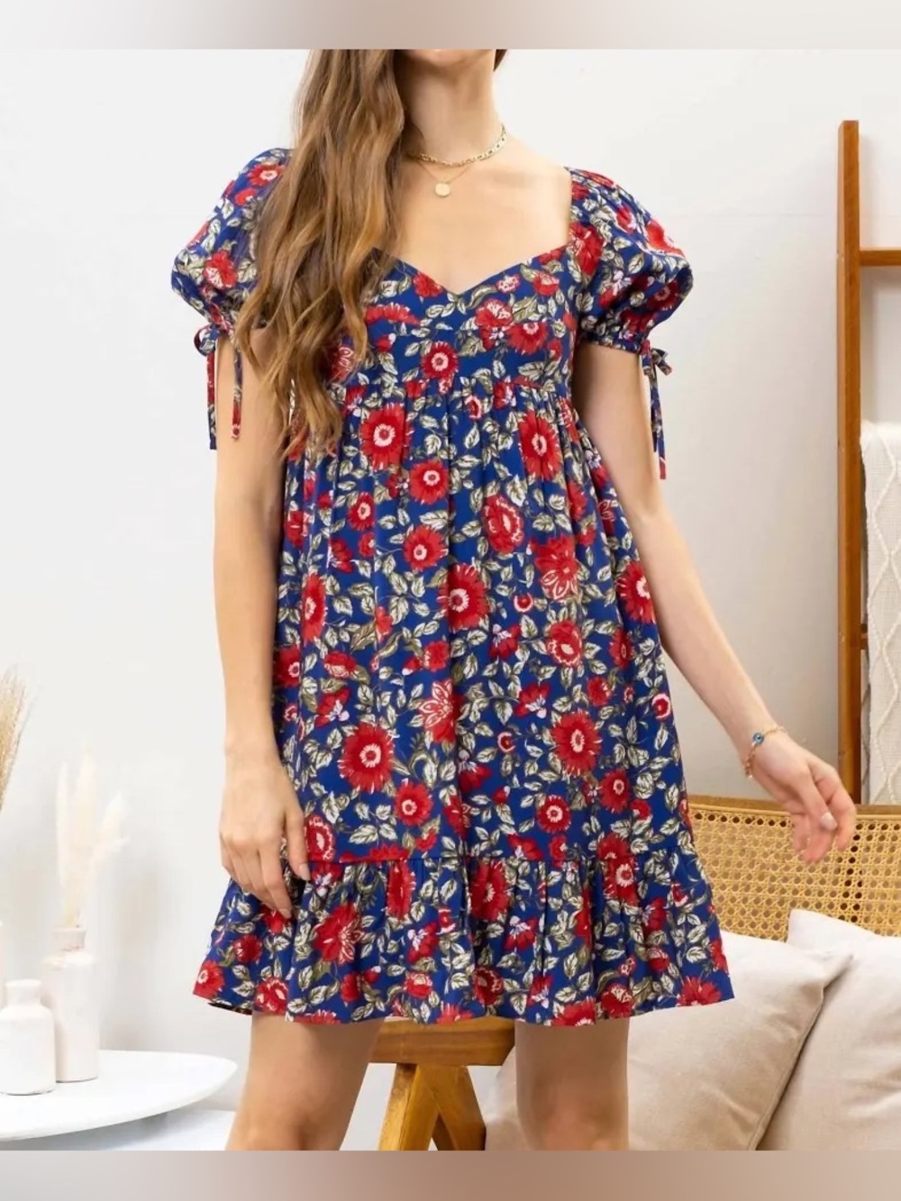 Blu Pepper Red & Blue Floral Mini Dress Small